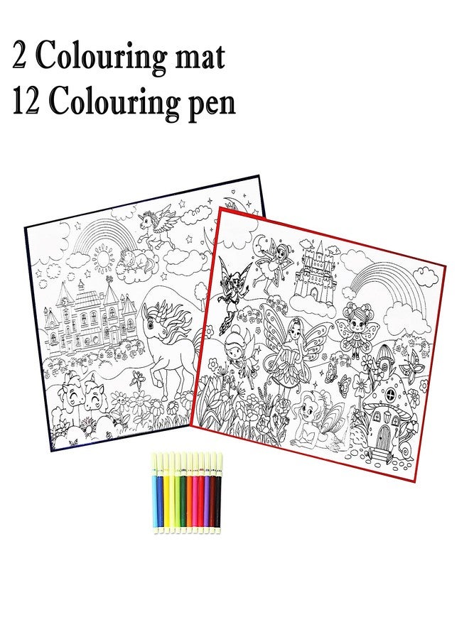 MUREN® 2 Coloring mat for Kids washables and Reusable 12 Sketch Pen | Unicorn & Fairy Tale Theme Coloring Kit Set | Activities for 6-12 Years Old | 70 X 50 cm - Image 2